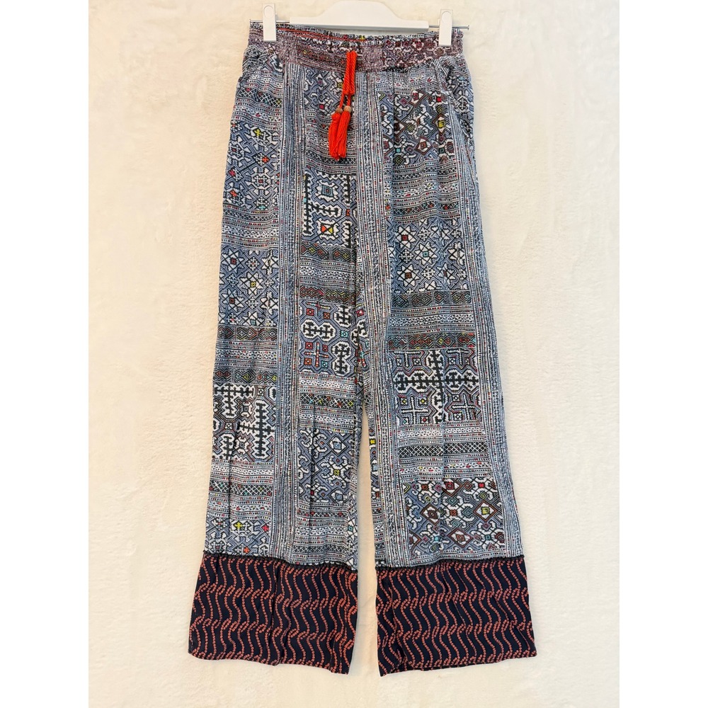 Eloise Anthropologie Boho Geometric Print Wide Leg Smocked Pants Blue Red Small